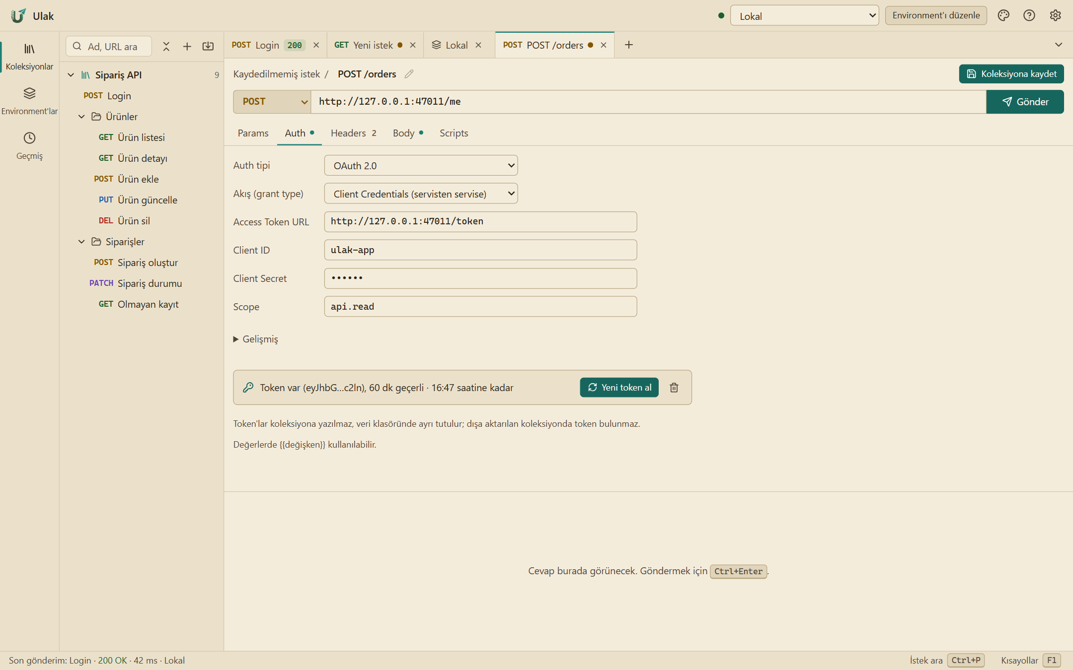 OAuth 2.0 ayarları: grant tipi, token adresi, client bilgileri ve token durumu